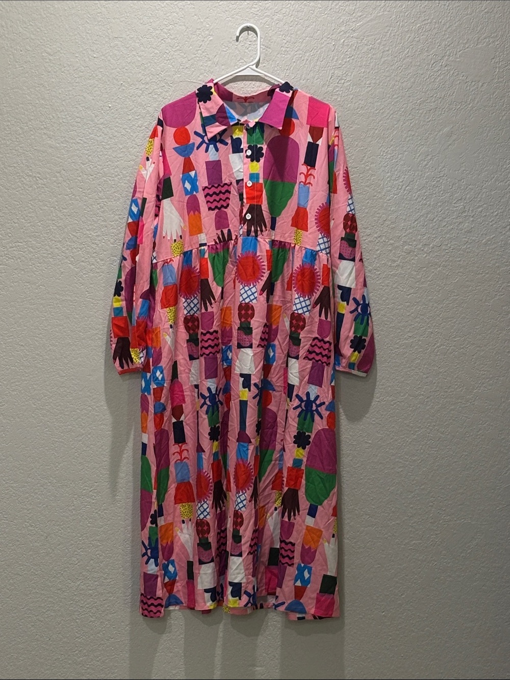 Colorful Patchwork Print Long Sleeve Pink Midi Dress
